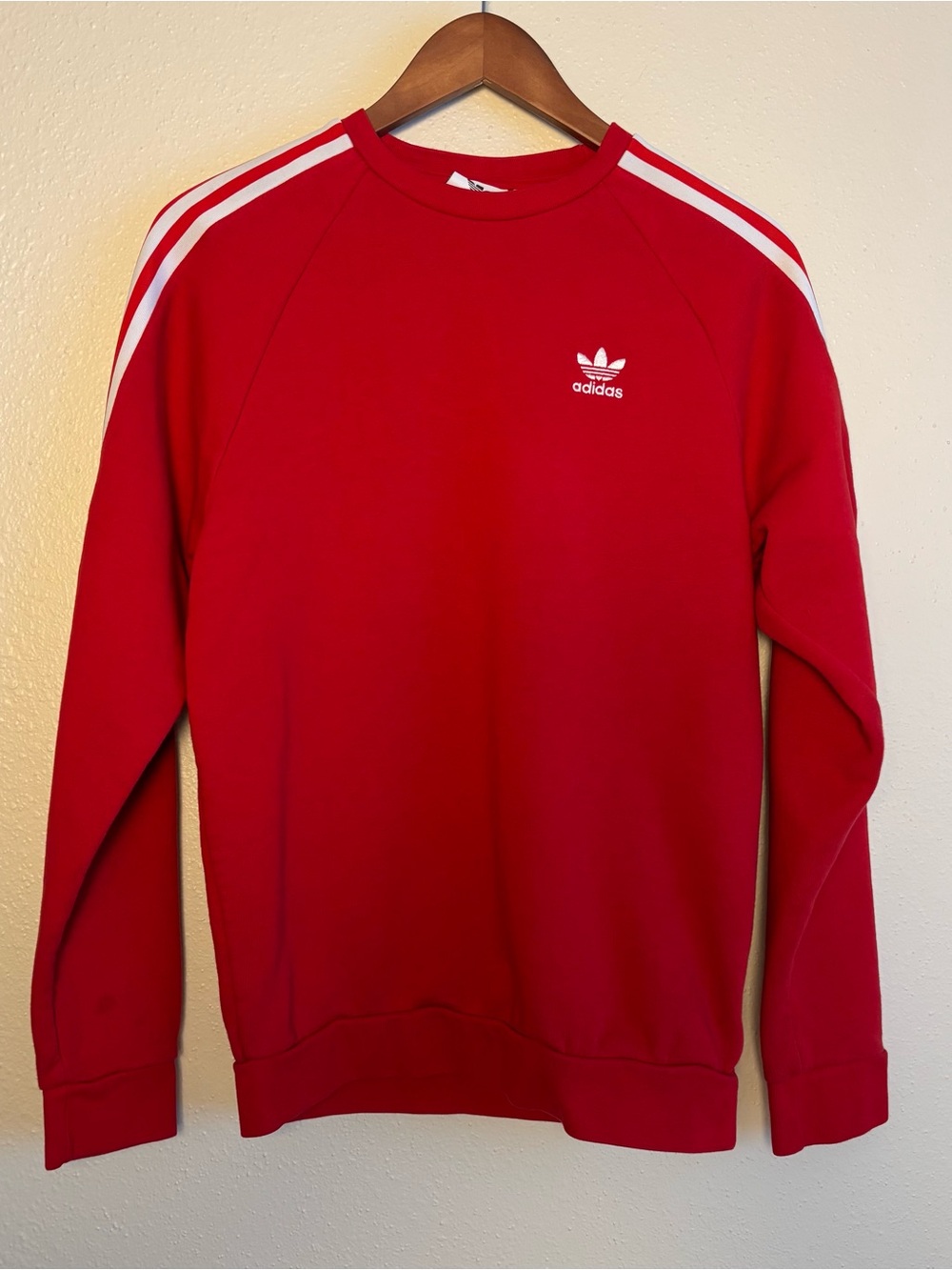 adidas XS Red Crewneck Sweatshirt with White Shoulder Stripes